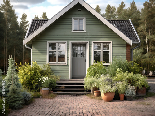 Well-lit green cottage exterior, inviting ambiance. AI generative. © Llama-World-studio