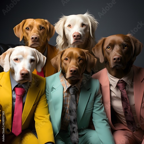 Closeup of five fashionable labradors wearing suits. Vibrant colors. Minimalism.