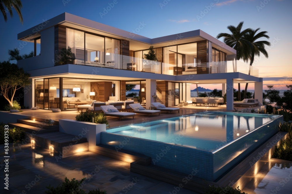 Modern angular luxury tropical villa with a swiming pool