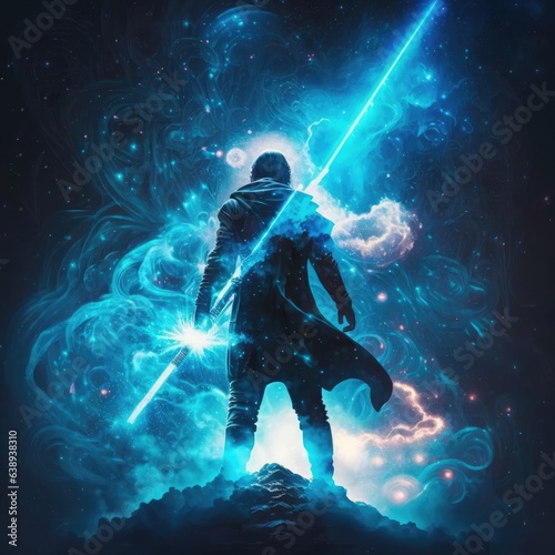 Person holding a blue weapon standing in a multidimensional galaxy