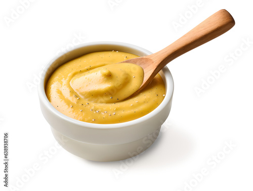 Wooden soup spoon and yellow mustard sauce in a white bowl,white or transparent background,Mayonnaise, millet paste