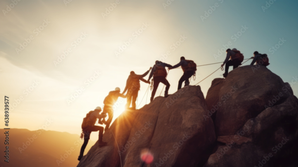 Fototapeta premium Silhouettes blurred of business people, climbing a mountain, teamwork, and Challenge of business concept, Symbol of successful achievement with a goal and objective target