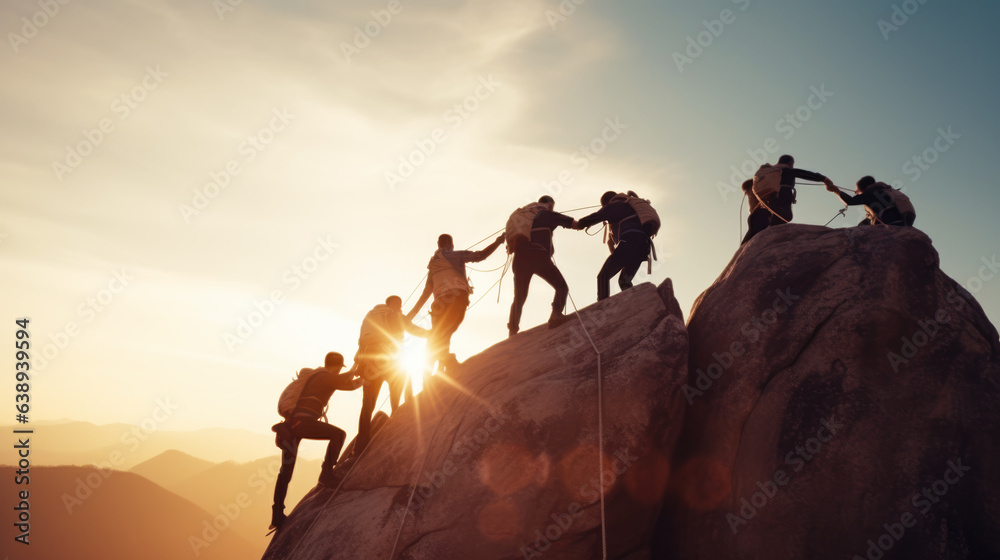 Silhouette of Group business person climbing a mountain, teamwork, and Challenge of business concept, Symbol of successful achievement with a goal and objective target - obrazy, fototapety, plakaty 