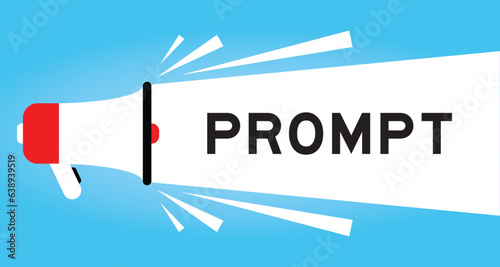 Color megaphone icon with word prompt in white banner on blue background