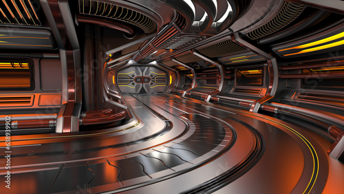 Fototapeta Naklejka Na Ścianę i Meble -  Futuristic spaceship interior or sci-fi corridor. Detailed machine room with advanced robotic technology. 3d rendering 