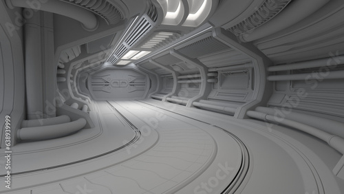 Futuristic spaceship interior or sci-fi corridor. Detailed machine room with advanced robotic technology. 3d rendering in wireframe