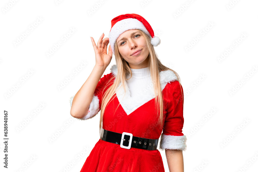 Young blonde woman with christmas hat over isolated chroma key background having doubts Young blonde woman with christmas hat over isolated chroma key background having doubts