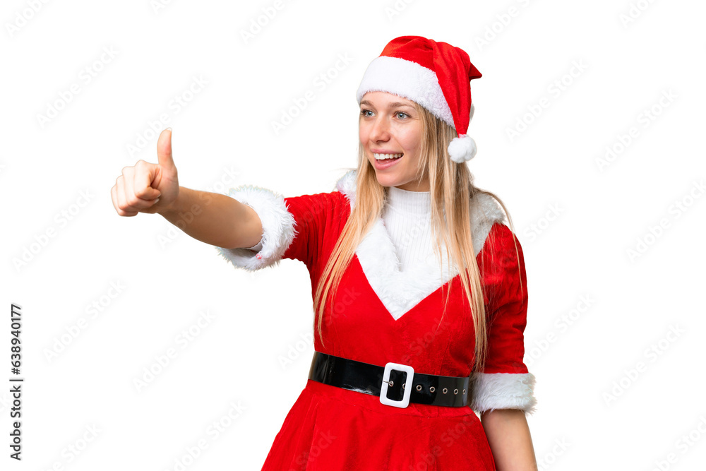Young blonde woman with christmas hat over isolated chroma key background giving a thumbs up gesture Young blonde woman with christmas hat over isolated chroma key background giving a thumbs up gesture