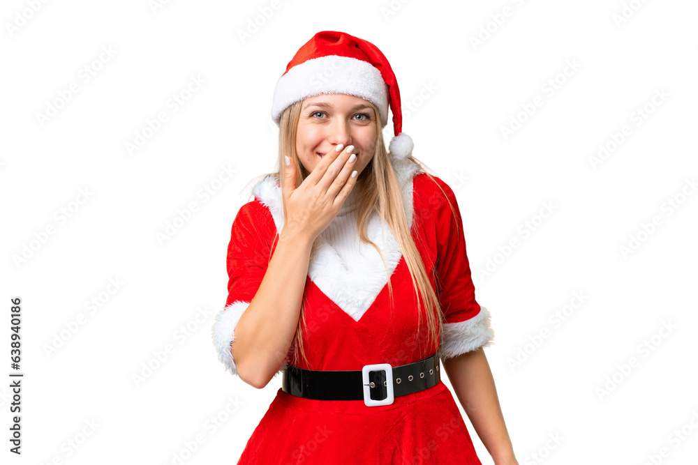 Young blonde woman with christmas hat over isolated chroma key background happy and smiling covering mouth with hand Young blonde woman with christmas hat over isolated chroma key background happy and smiling covering mouth with hand