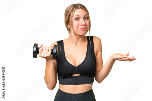 Blonde sport woman making weightlifting over isolated chroma key background making doubts gesture while lifting the shoulders