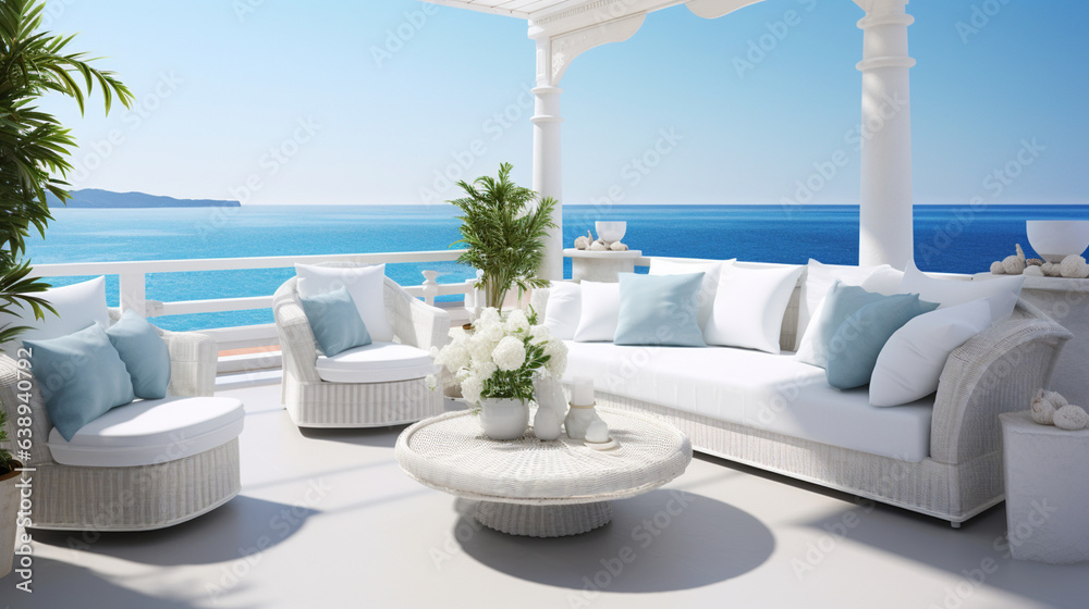 terrace overlooking the beach. generative AI,