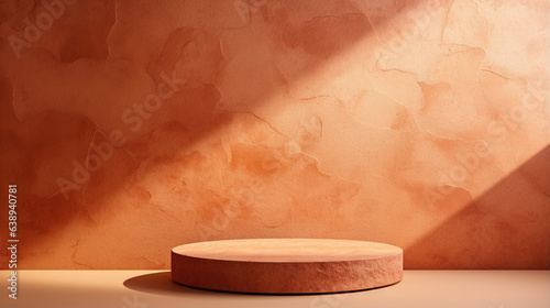 Mockup of an empty podium made of natural terracotta stone for products against a terracotta wall shadows. 3D pedestal for demonstration or promotional purposes. Generative AI