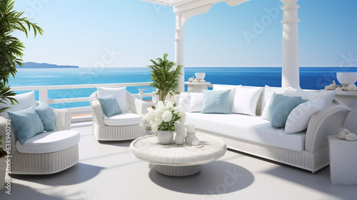 terrace overlooking the beach. generative AI, © Alexander Odessa 