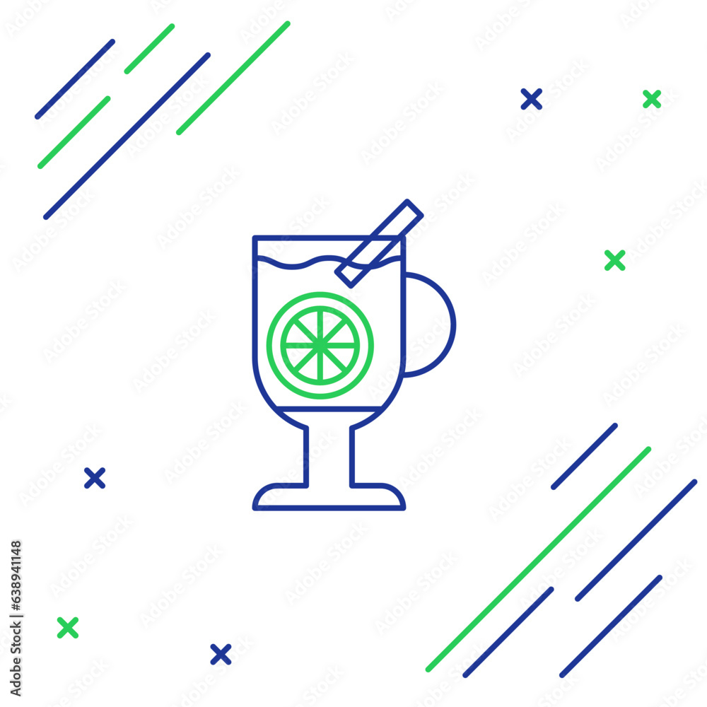 Line Mulled wine with glass of drink and ingredients icon isolated on white background. Cinnamon stick, clove, lemon slice. Colorful outline concept. Vector Line Mulled wine with glass of drink and ingredients icon isolated on white background. Cinnamon stick, clove, lemon slice. Colorful outline concept. Vector