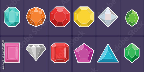 Vector beautiful shiny colorful gems. Gemstones vector icons, diamonds and jewels, rubies, emeralds, topazes, sapphires.