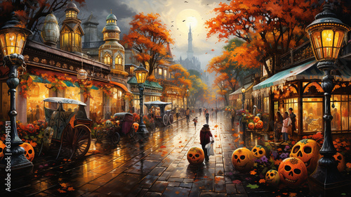 A bustling marketplace filled with stalls selling sugar skulls, masks, and marigolds 