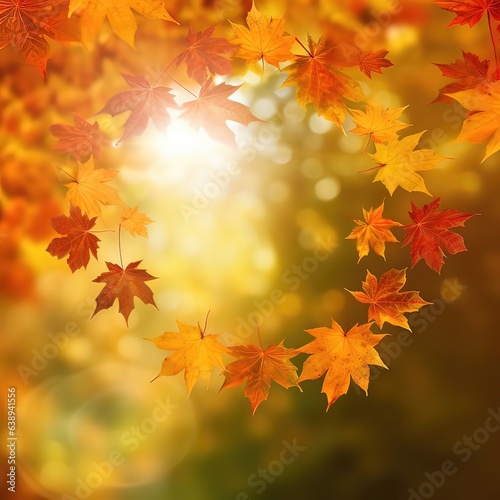 Falling leaves background with bokeh under sunlight with copy space. Yellow and red autumn maple leaves on blurred background.