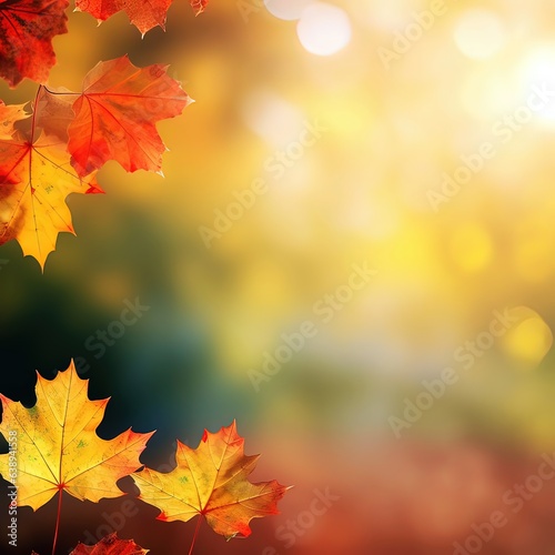 Falling leaves background with bokeh under sunlight with copy space. Yellow and red autumn maple leaves on blurred background.