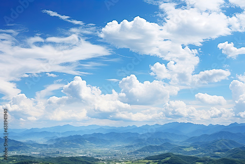 Blue sky Background and white clouds soft focus and Mountain, Copy space horizontal shape