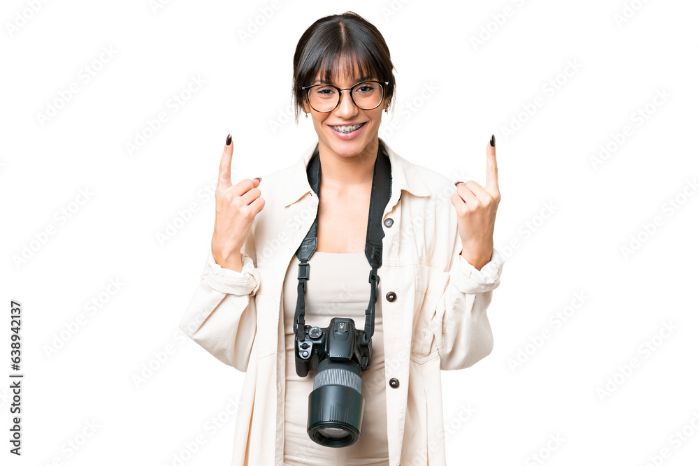 Young photographer caucasian woman over isolated chroma key background pointing up a great idea Young photographer caucasian woman over isolated chroma key background pointing up a great idea