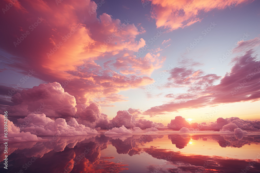 Sunset sky, evening clouds background, and water reflection on the sea. The sun's rays shining through the clouds create an abstract natural background. 3D illustration Sunset sky, evening clouds background, and water reflection on the sea. The sun's rays shining through the clouds create an abstract natural background. 3D illustration