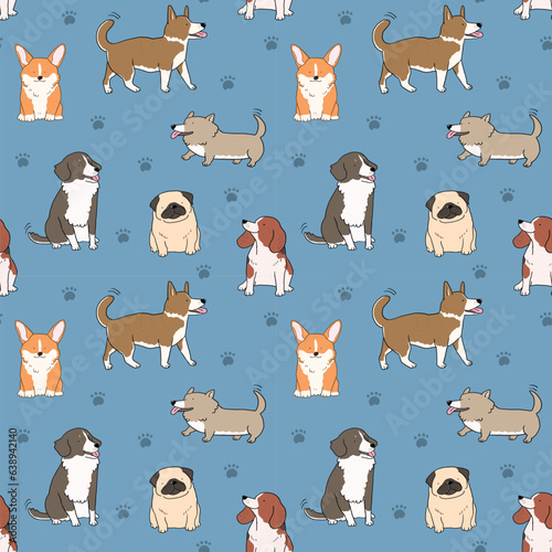 Seamless Pattern of Cartoon Dog Design on Dark Blue Background