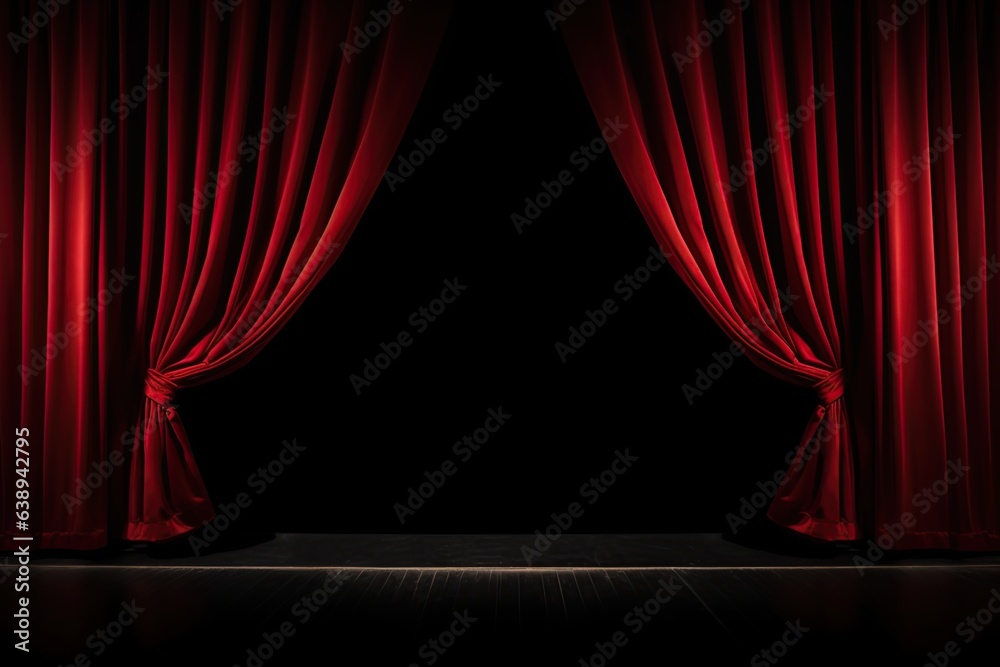 Fototapeta premium Opened theatre curtains. Empty stage with black background. Copy space, add image. Generative Ai