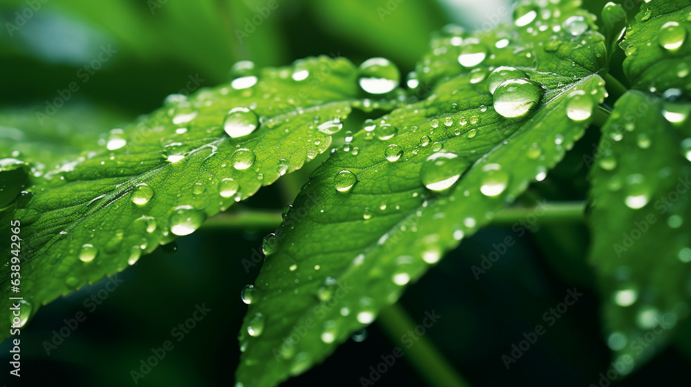 Water droplets on green leafs after rain,shallow DOF.Global warming from climate change concept.