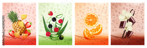 Set of labels with fruit and vegetables drink. Fresh fruits water splashing together- pineapple, strawberry, aloe vera, raspberry, orange, chocolate, vanilla in water drink splashing. Vector