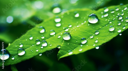 Water drops on green leaves,nature background,shallow DOF.Concept of decrease carbon dioxide emission ,carbon footprint and carbon credit.Global warming from climate change concept.