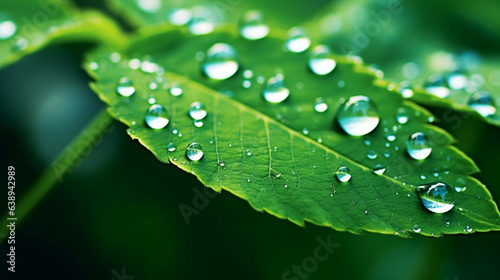 Water droplets on green leaf macro close up,nature background.Concept of decrease carbon dioxide emission ,carbon footprint and carbon credit.Global warming from climate change concept.
