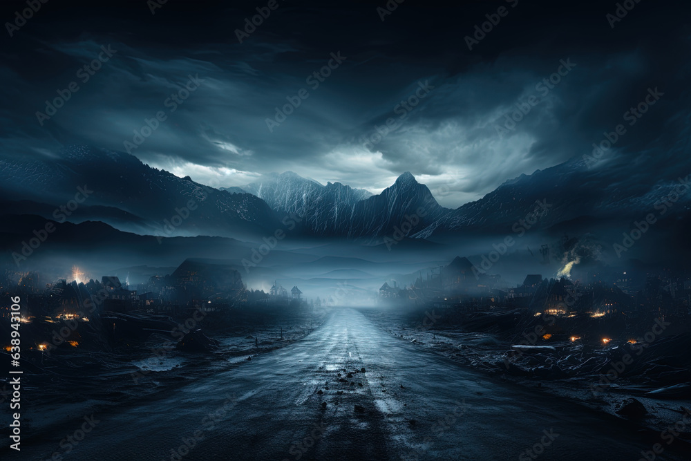 Asphalt abstract dark blue background. Empty dark mountain range scene. Smoke mist cold white float up for Action Gaming Background