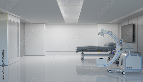 Clean medical room with c arm and hospital bed with copy space, 3d illustrations rendering