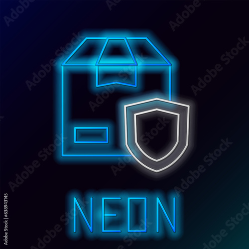 Glowing neon line Delivery security with shield icon isolated on black background. Delivery insurance. Insured cardboard boxes beyond the shield. Colorful outline concept. Vector