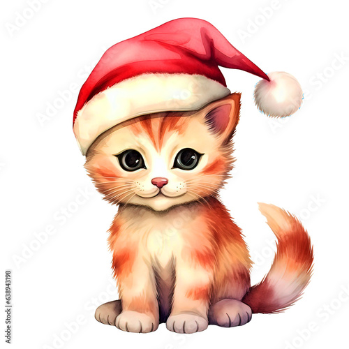 Cute Baby Kitten with Santa Hat Clipart isolated on Transparent Background. Christmas Animal with Santa Hat Clipart.