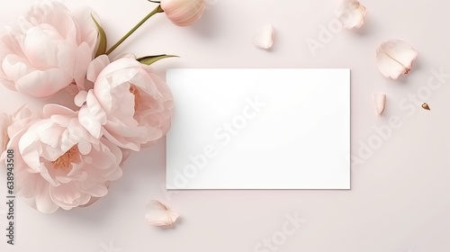 blank card mockup on pink background with pink peony petals © PixelDreamer