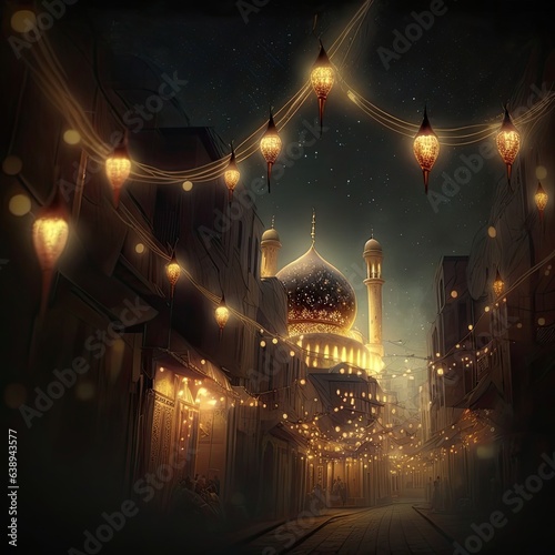 mosque with lights and celebrating