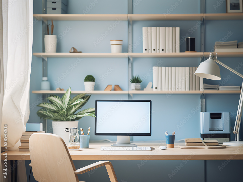Timeless blue office offering a calming ambiance. AI generative. Timeless blue office offering a calming ambiance. AI generative.