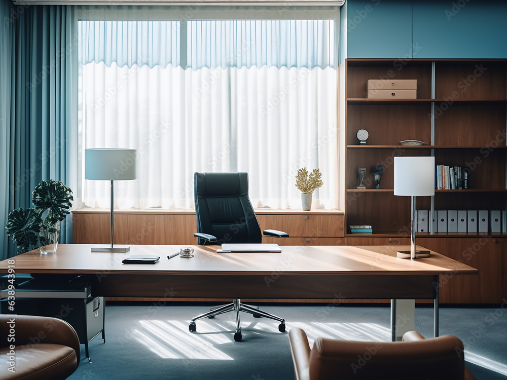 Fototapeta premium Elegant blue office featuring cool tones. AI generative.