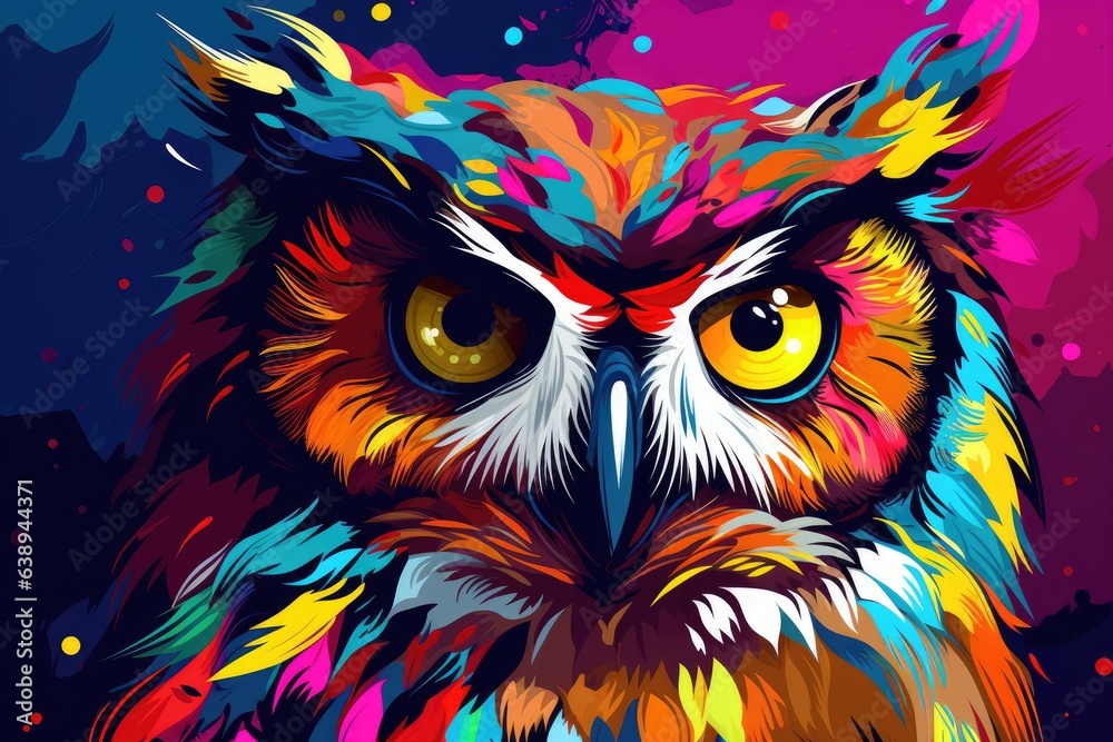 pop art of an owl, colorful portrait of an owl