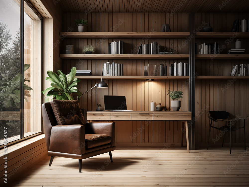 Wood office with tasteful wooden accents. AI generative.