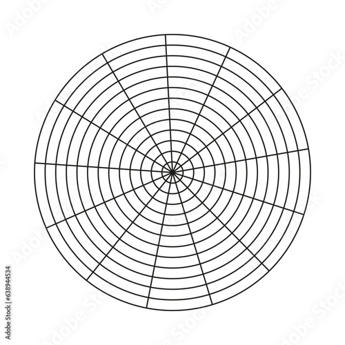 Wheel of life template. Simple coaching tool for visualizing all areas of life. Blank polar graph paper. Polar grid of 13 segments and 12 concentric circles. Circle diagram of life style balance.