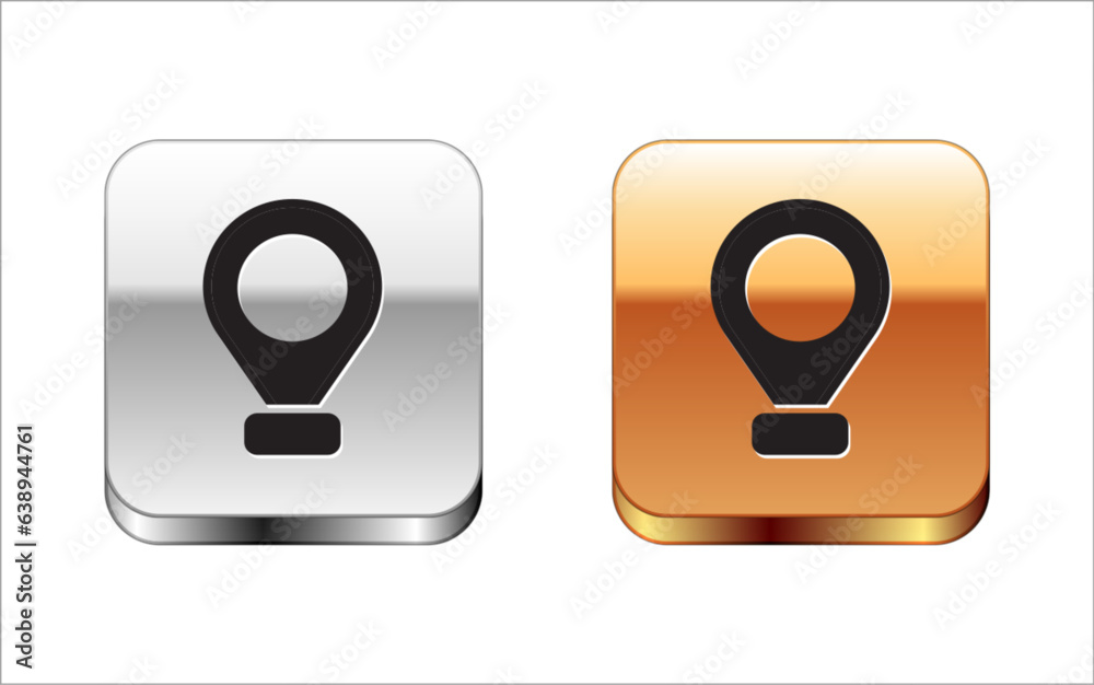 Black Map pin icon isolated on white background. Navigation, pointer, location, map, gps, direction, place, compass, search concept. Silver and gold square buttons. Vector Black Map pin icon isolated on white background. Navigation, pointer, location, map, gps, direction, place, compass, search concept. Silver and gold square buttons. Vector