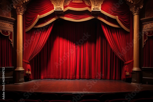 Empty theatre stage with red curtains. Copy space, add image or text. Ai generative