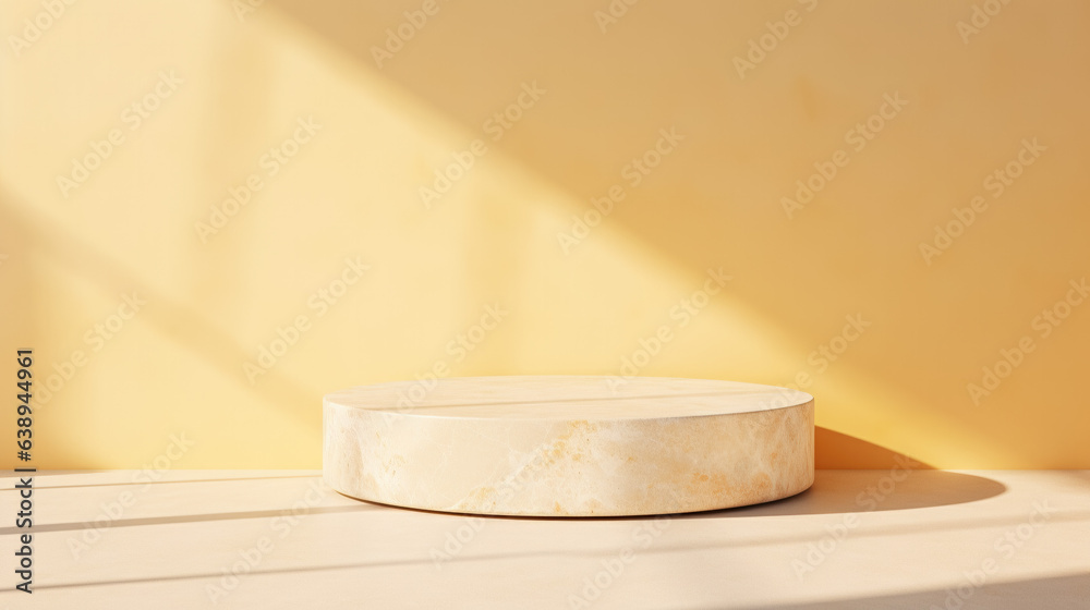 Mockup of an empty podium made of natural yellow stone for products against a yellow wall with shadows. 3D pedestal for demonstration or promotional purposes. Generative AI Mockup of an empty podium made of natural yellow stone for products against a yellow wall with shadows. 3D pedestal for demonstration or promotional purposes. Generative AI