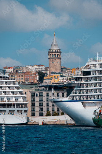 Galata Tower seen between two cruises in the Bosphorus. Istanbul Türkiye