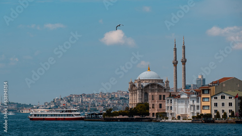 View of Ortaköy mosque in the Bosphorus and a flying seagull. The boats standing behind. Istanbul Türkiye