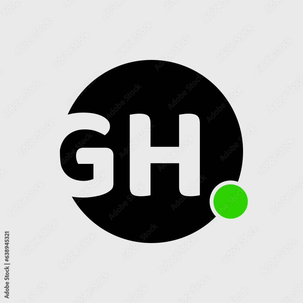 GH company brand name vector icon with green dot. GH company brand name vector icon with green dot.