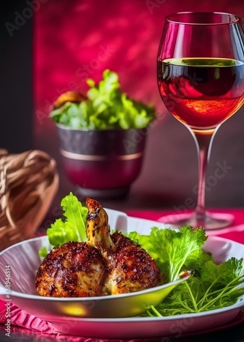 Roasted chicken served on the table with wine, blurred background