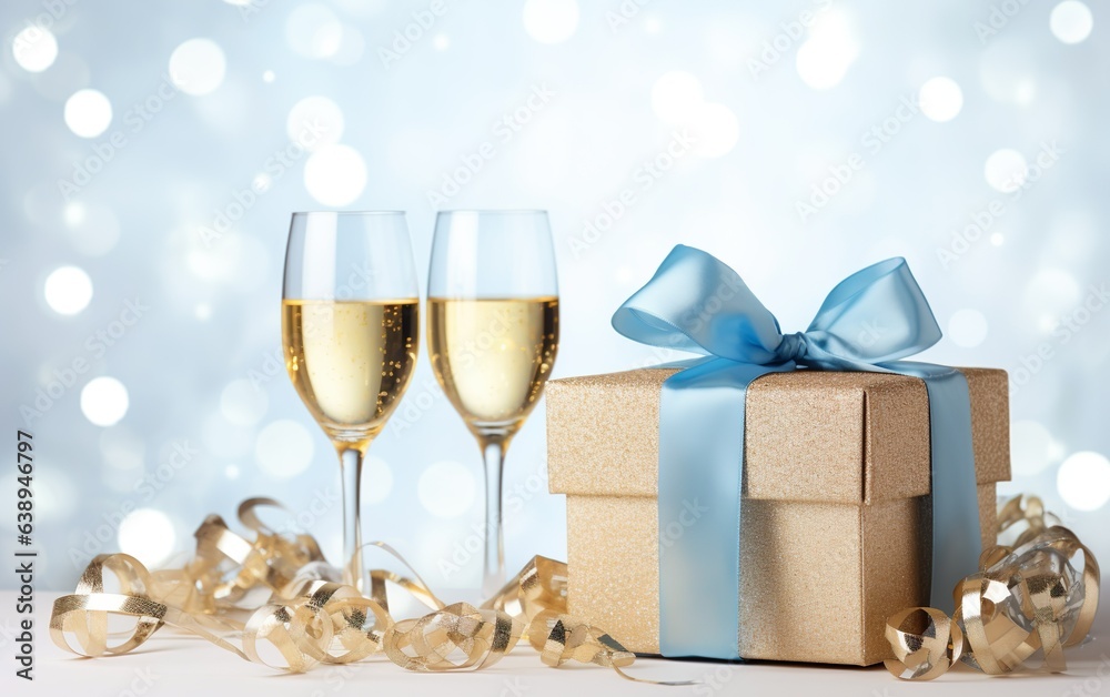 Christmas and new year background - gift boxes with blue ribbon bow tag and Champagne glasses on the background of bokeh garlands. Copy space Christmas and new year background - gift boxes with blue ribbon bow tag and Champagne glasses on the background of bokeh garlands. Copy space